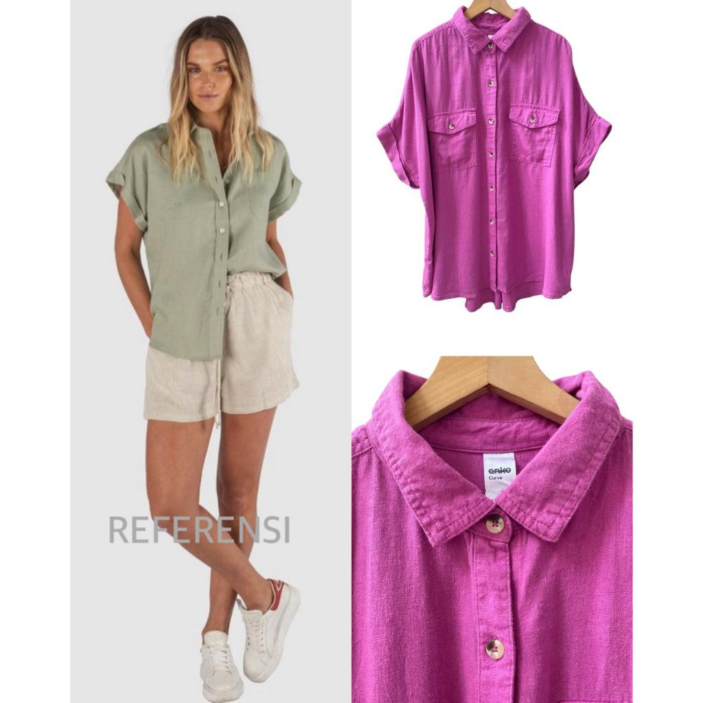 [Ready Big Size] Kemeja Linen Lengan Pendek Anko Short Sleeve Utility Pocket Linen Shirt - 7783