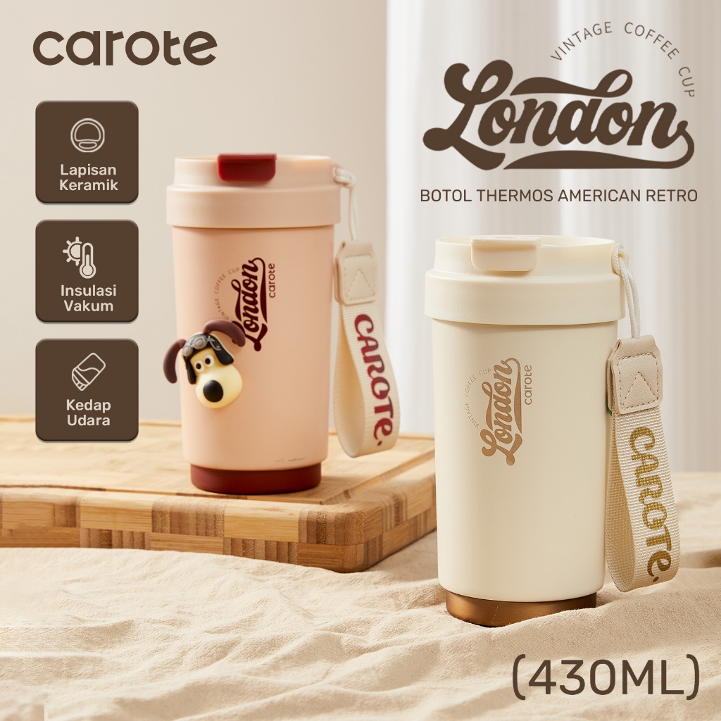 CAROTE Tumbler Botol Thermos 430 ml Lapisan Keramik Kedap Udara Insulasi Vakum Tahan Suhu Panas Dan 