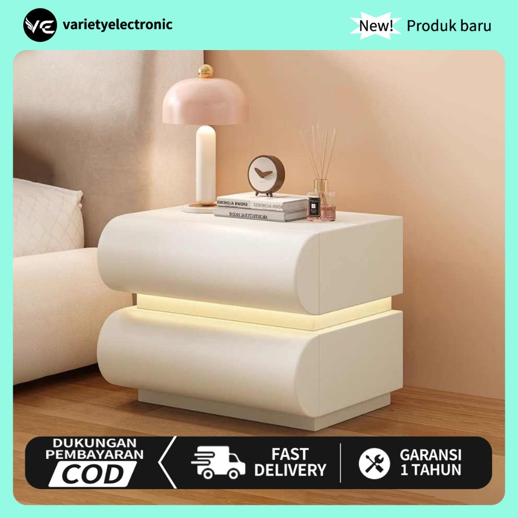 Bedside Meja Samping /Meja Nakas Kayu 2 Laci Bedside /Lampu LED Smart Sensor Minimalis /Table Meja S