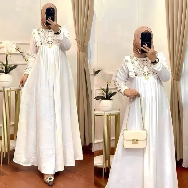 Gamis terbaru 2025 crinkle bordir gold Ld 115 dan 135 super jumbo gamis mewah L dan XXL