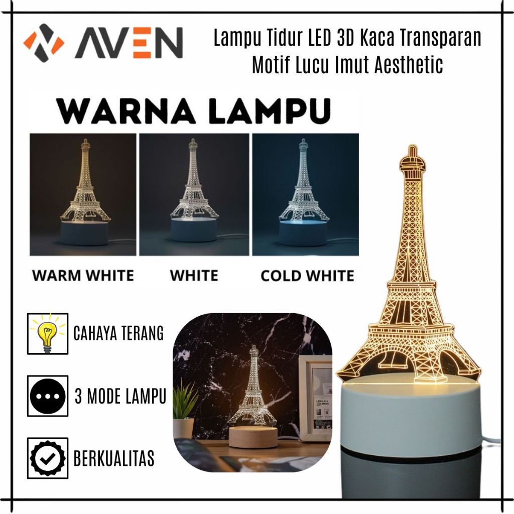 AVEN Lampu Tidur LED 3D Kaca Transparan Motif Lucu Imut Aesthetic / Hiasan Pajangan Tumblr Sleep / L