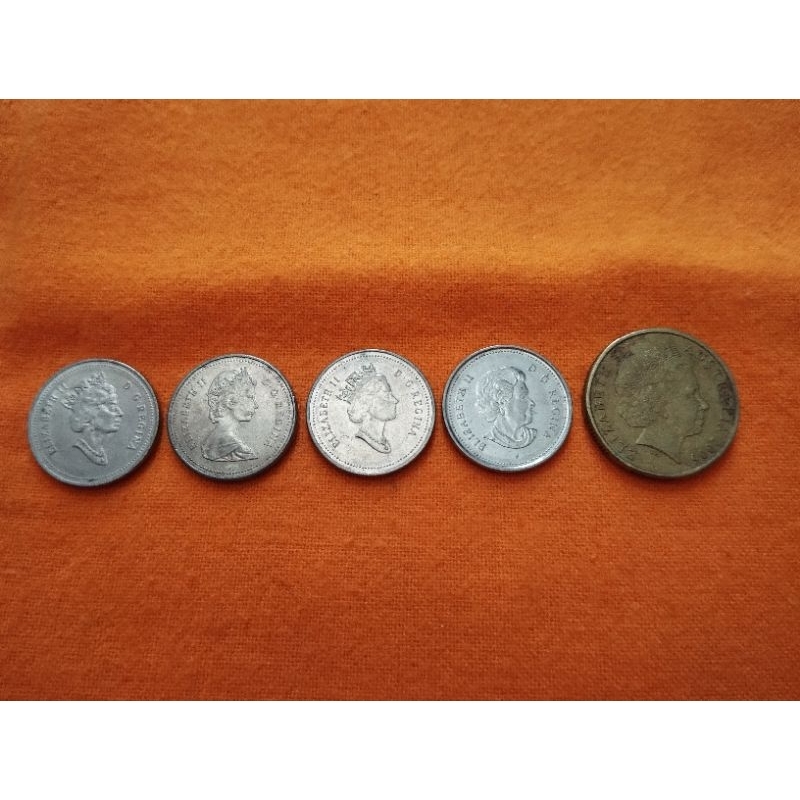 Queen Elizabeth coin set | 5 pcs 1 dollar Australia  & 5 cent Canada