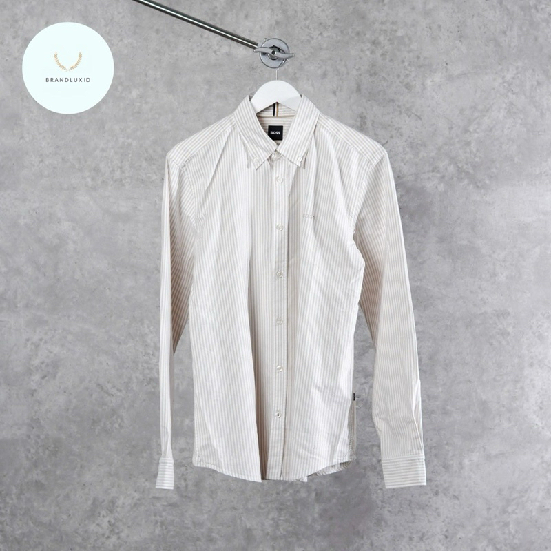 Hugo Boss Roan Stripe Text Pocket Cream & Grey Long Sleeve Shirt / Kemeja in White