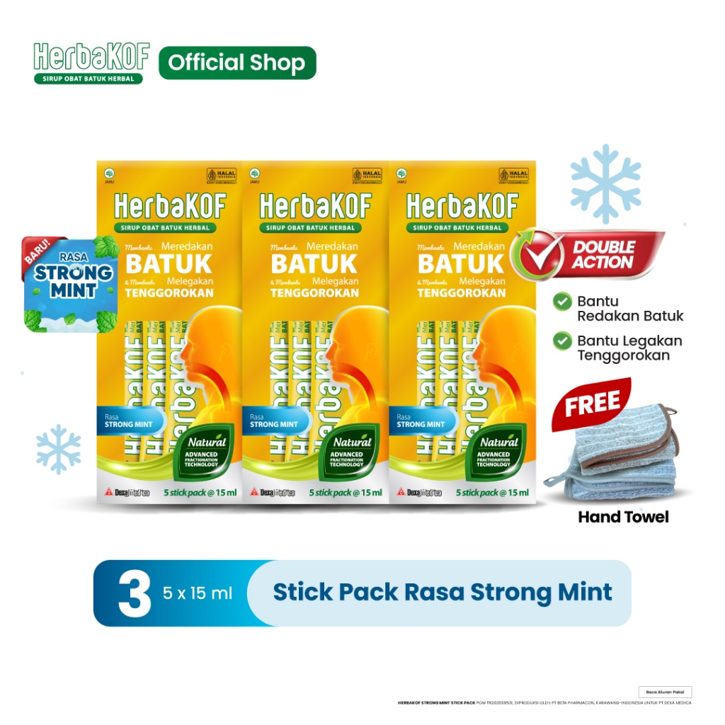 HERBAKOF Sirup Obat Batuk Strong Mint Box Isi 5 Stick Pack @15 ml (x3) | Free Hadiah