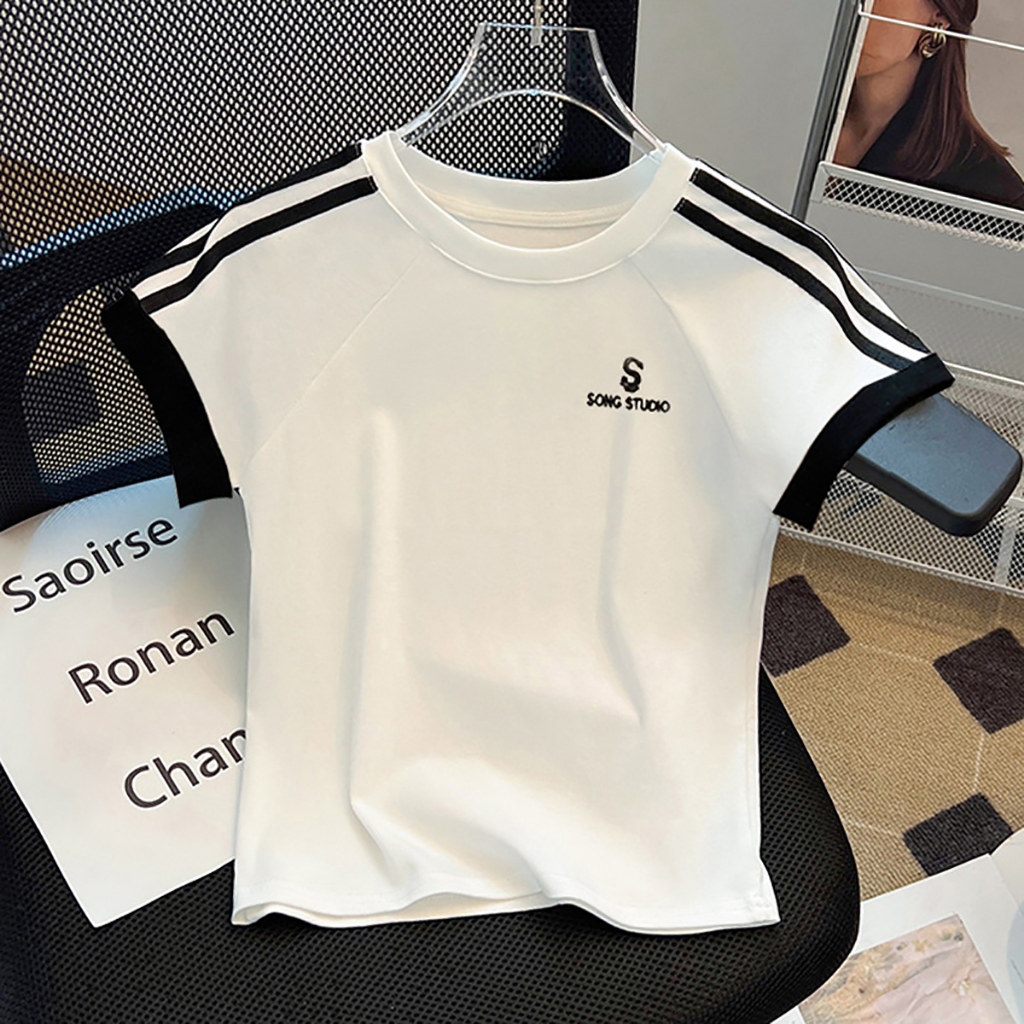 Kaos Lengan Pendek Leher Bulat Bordir Huruf Putih Atasan Wanita Gaya Korea
