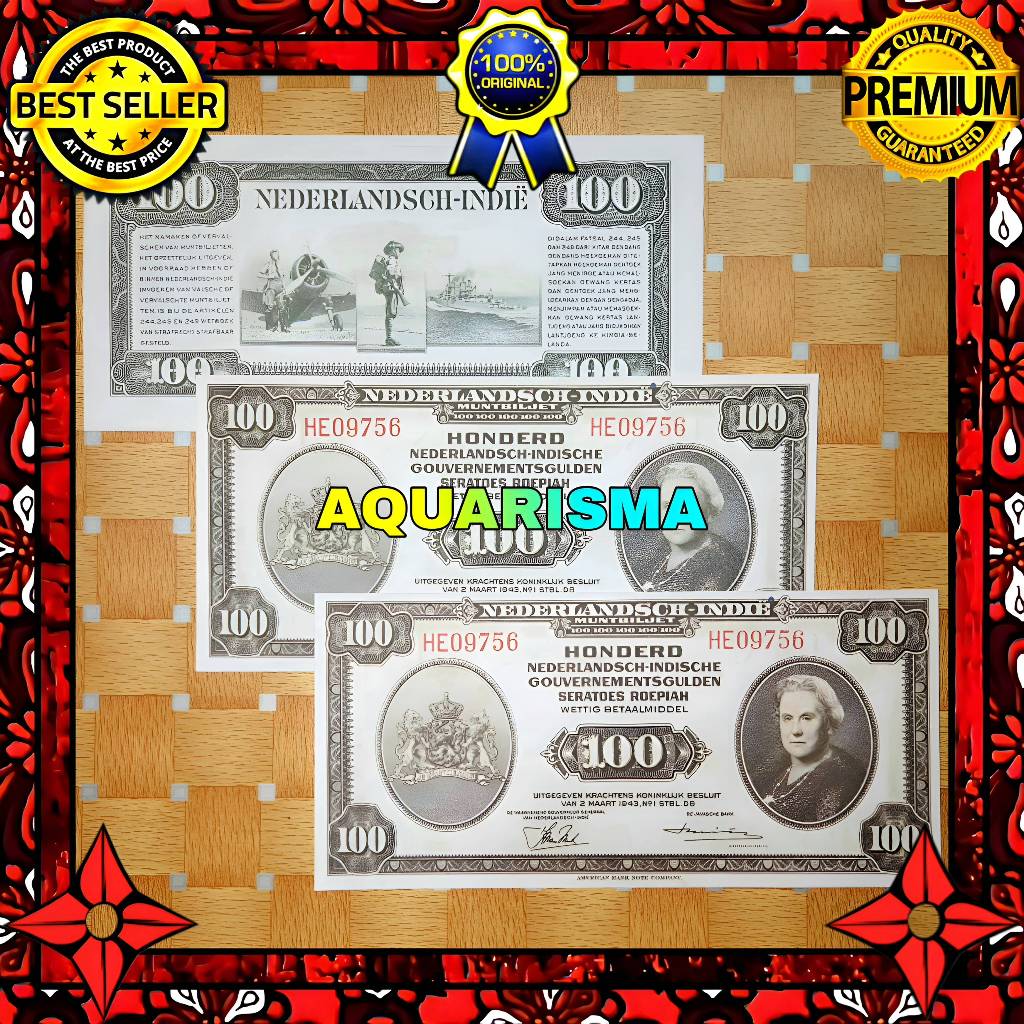 KOLEKSI NUMISMATIK - SOUVENIR REPRO UANG KUNO 100 GULDEN HINDIA BELANDA WILHELMINA 1943
