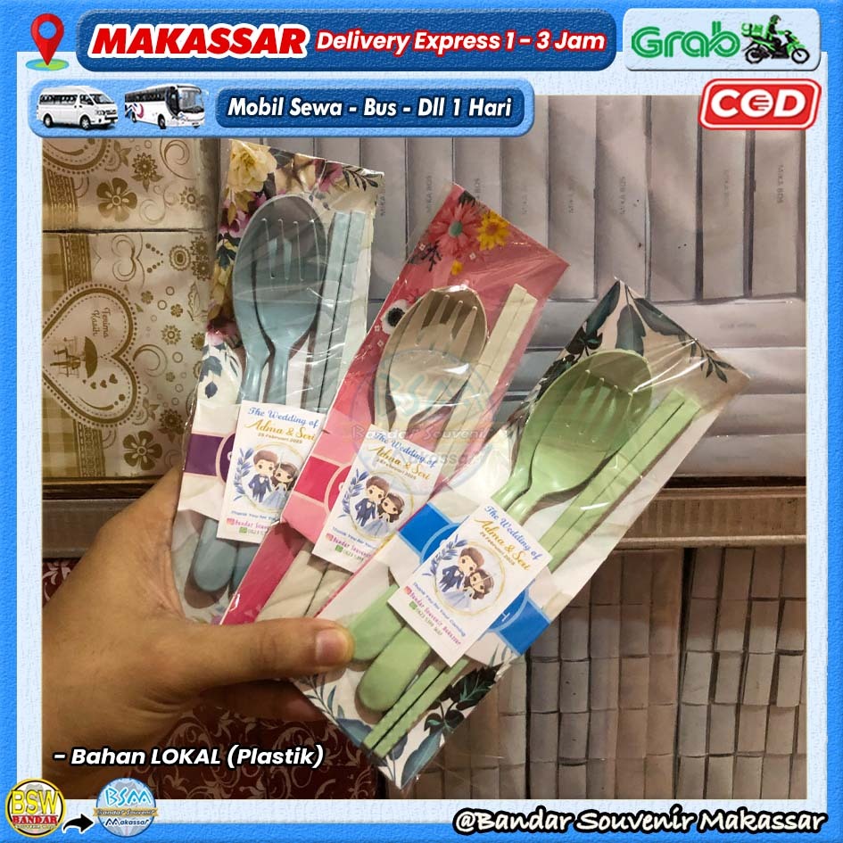 ( isi 50 pcs ) Souvenir Sendok Garpu Sumpit LOKAL Set Travel Kemas ALAS Kartu Ucapan Makassar Manado