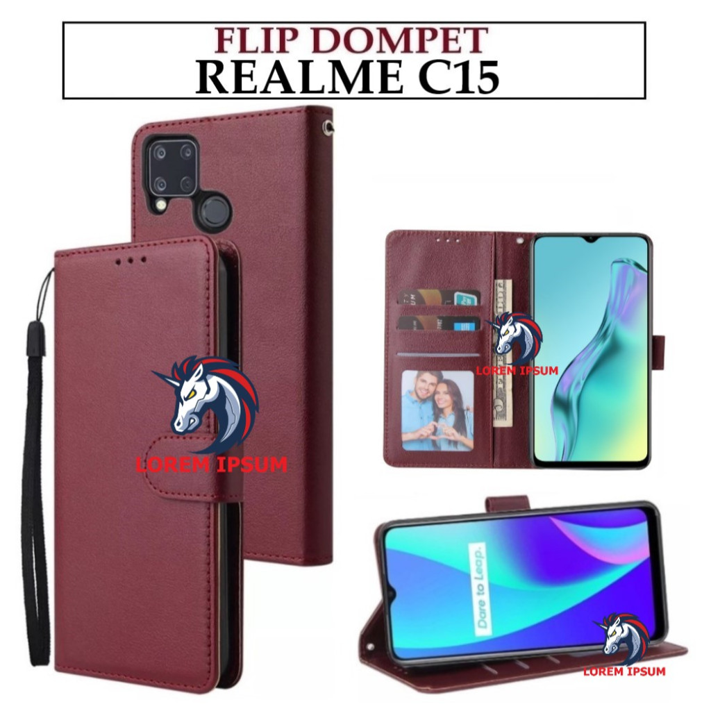 LEATHER CASING REALME C15 CASE KULIT FLIP WALLET LEATHER KULIT PREMIUM SARUNG BUKA TUTUP KESING HP F