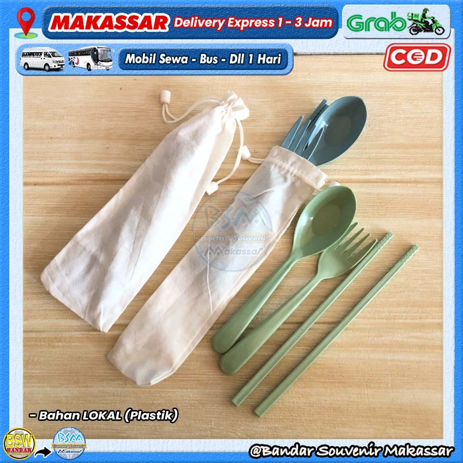 ( isi 50 pcs ) Souvenir Sendok Garpu Sumpit LOKAL Set Travel Kemas POUCH BLACU Makassar Kendari