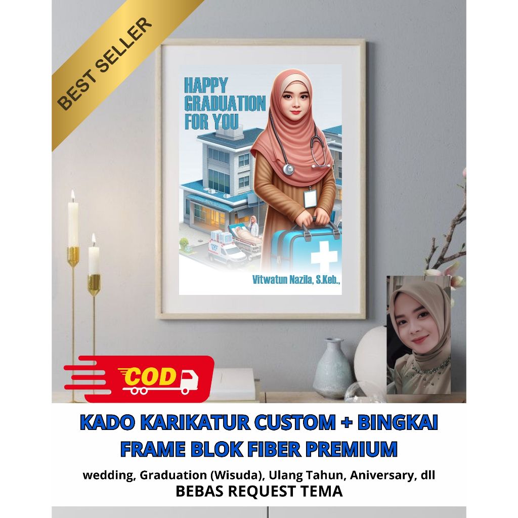 KADO FOTO KARIKATUR CUSTOM + BINGKAI FRAME BLOK FIBER PREMIUM CETAK LAMINASI
