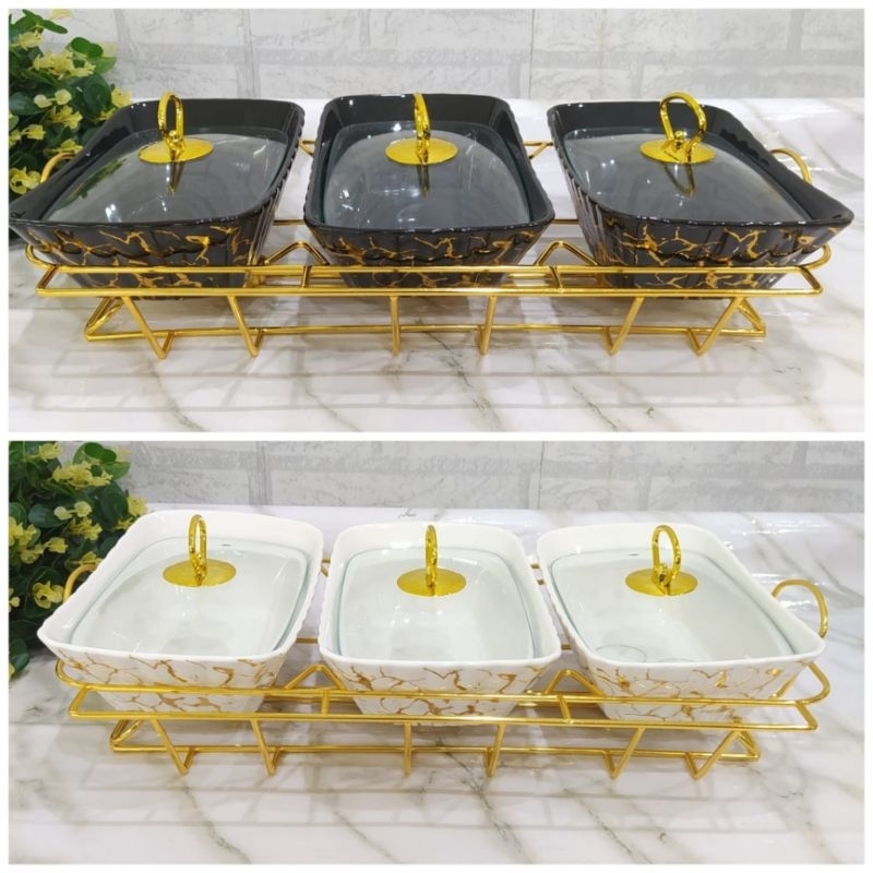 prasmanan gandeng 3 wadah keramik tutup kaca