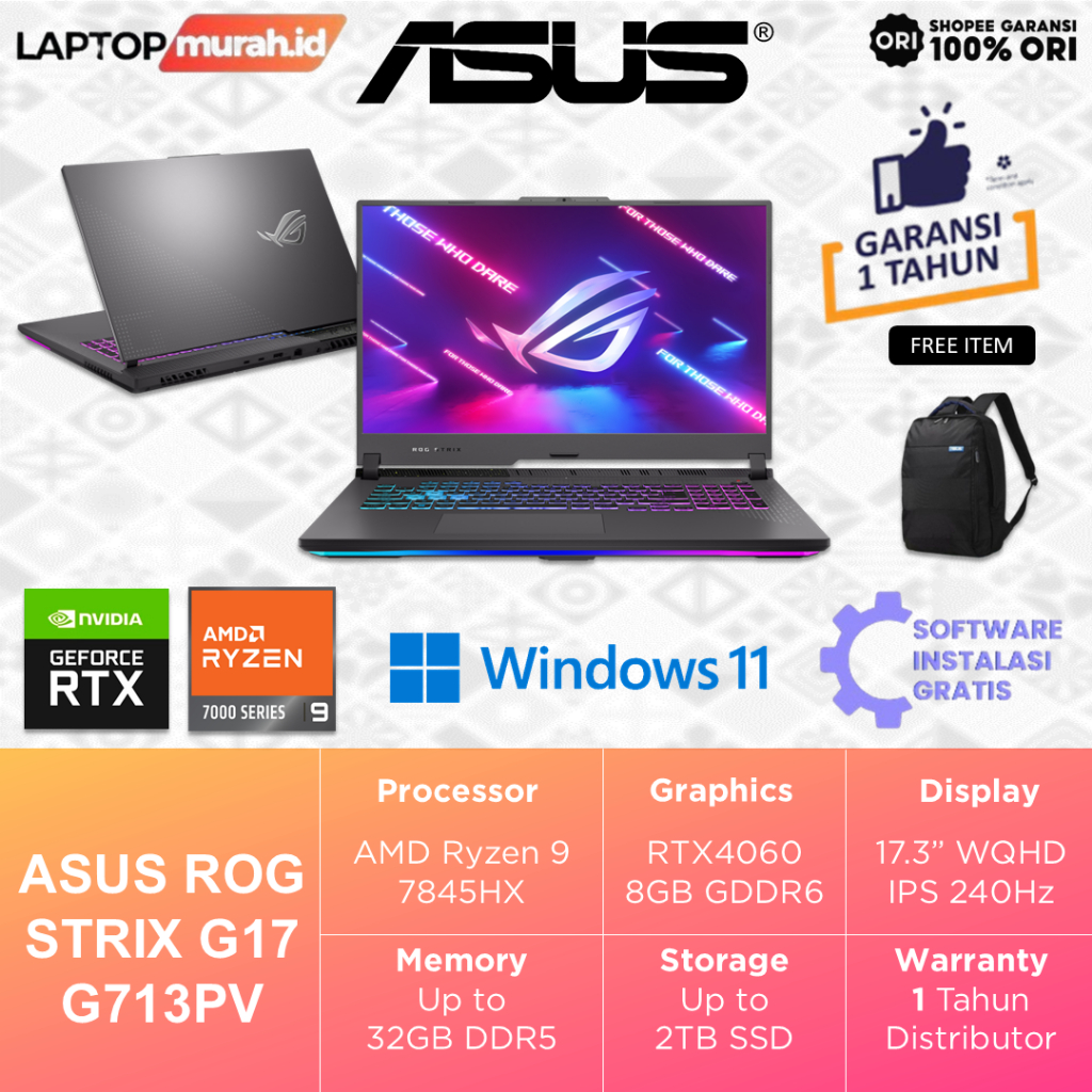Laptop Asus ROG RTX4060 Ryzen 9 7845HX 32GB 2TB 17.3" WQHD 240Hz Windows 11 - ROG Strix G17 G713PV