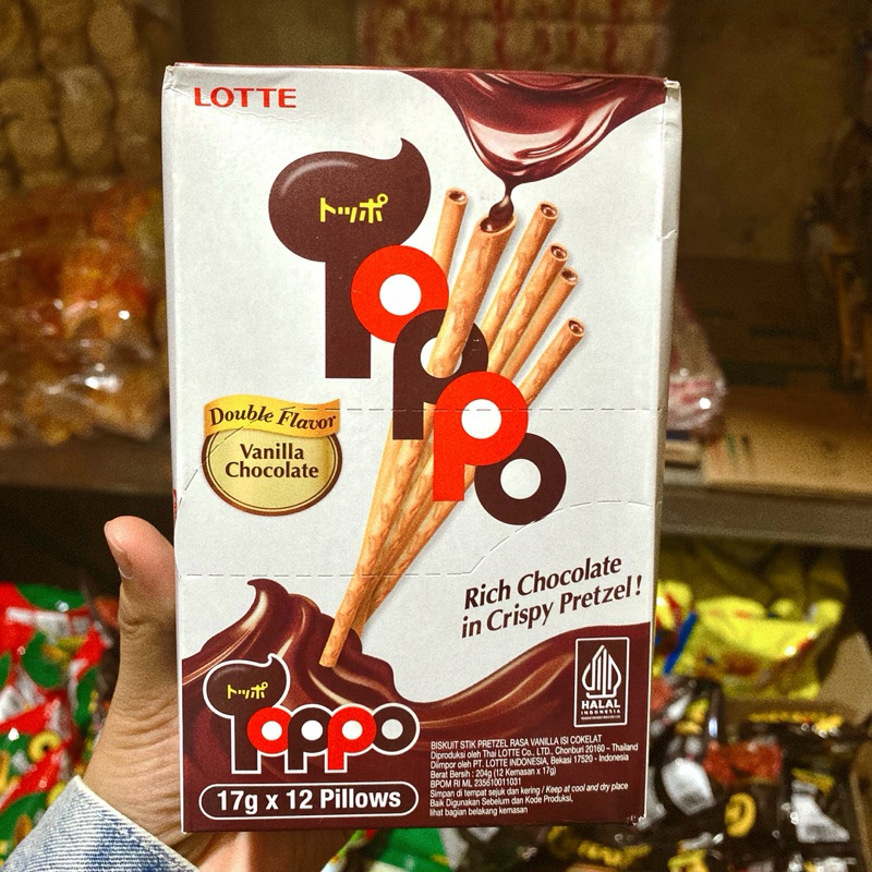 

Lotte Toppo Biskuit Stick Stik Vanila isi Cokelat | Double Chocolate Snack Double Flavor 1 Pack isi 12 @17gr