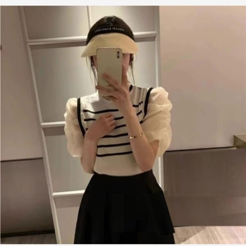 5872 Atasan pakaian kostum outfit sale murah promo baju blus blouse kemeja lengan pendek rajut knit 