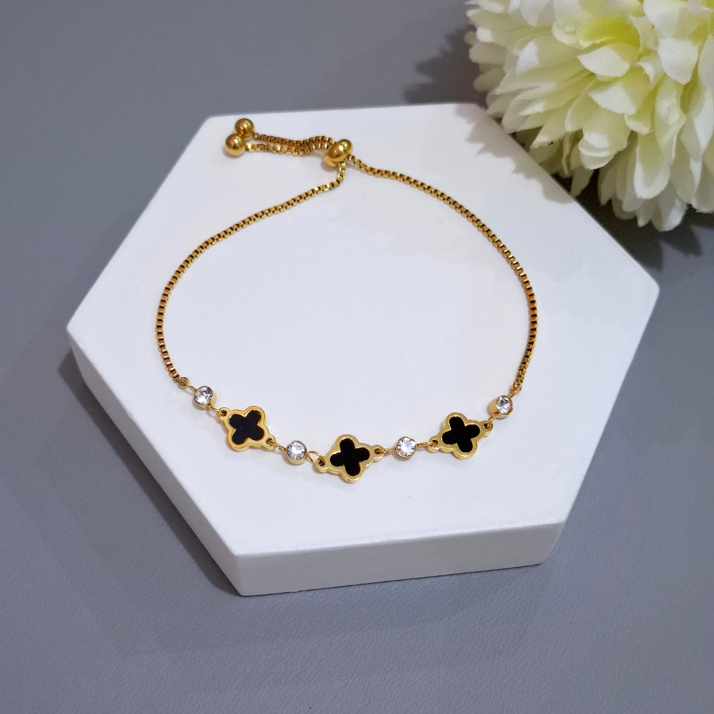 Gelang Tangan Clover Serut Titanium/ Gelang Titanium Clover Kecil/ Gelang Titanium Clover Hitam/ Gel