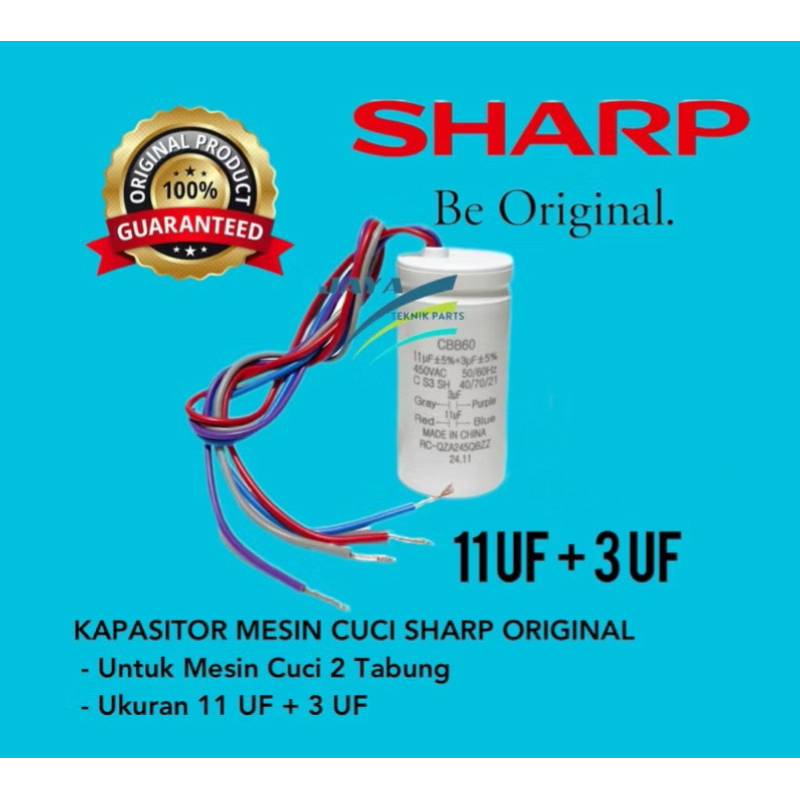 KAPASITOR MESIN CUCI SHARP 3 + 11UF ORIGINAL / CAPASITOR MESIN CUCI SHARP 2 TABUNG DOUBLE ORIGINAL