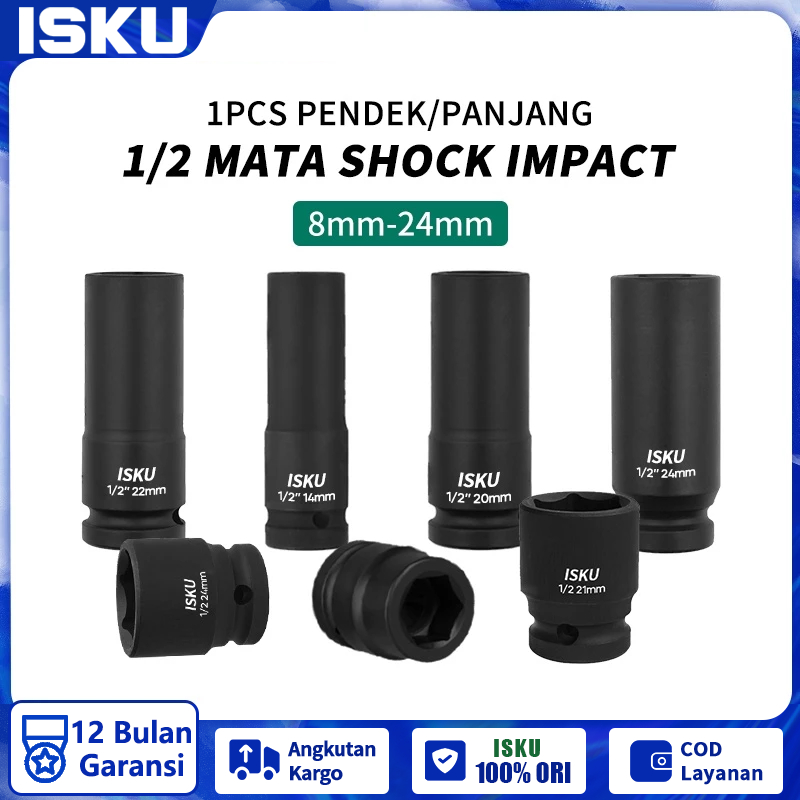 ISKU Panjang Mata Shock Impact  8mm - 24mm/Kunci Shock Impact 21mm Mata Shock Panjang 19mm 1/2/mata 