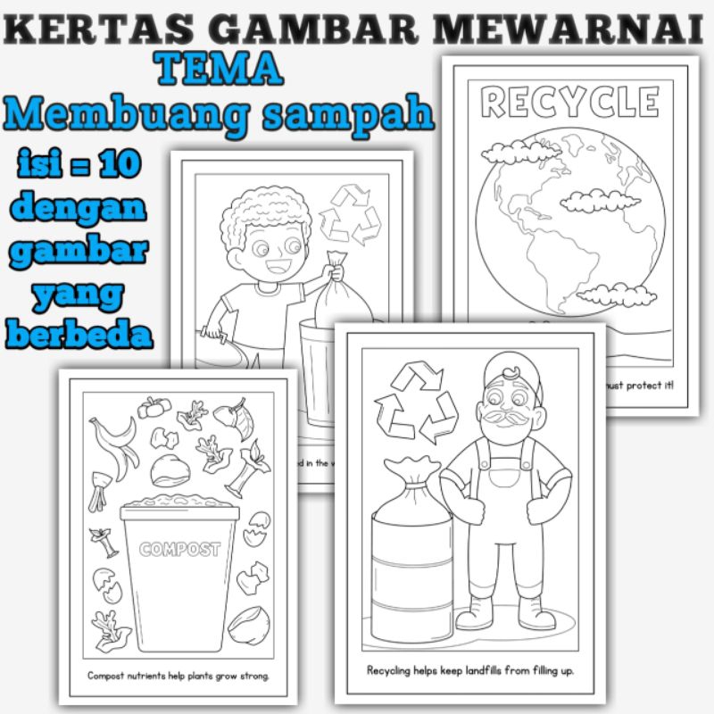 

Gambar Kertas Mewarnai Anak Tema Membuang Sampah isi 10 Lembar / Ukuran Kertas A5 80gram