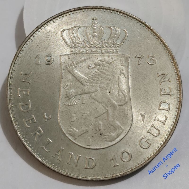 AA.165-- 1 PC KOIN PERAK KUNO ASLI 10 GULDEN JULIANA TH 1973. -- SILVER COIN --