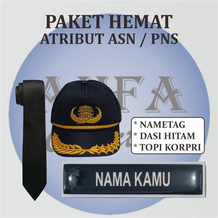 Paket Hemat Atribut Nametag ASN/PNS papan nama dada (Dasi Hitam, Nametag & Topi Korpri)