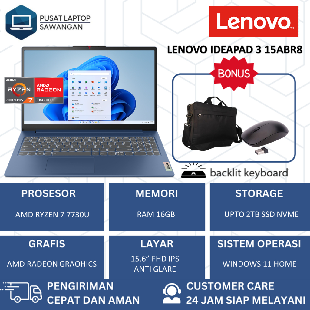 Laptop Lenovo Ideapad Slim 3 15 AMD Ryzen 7 7730U RAM 16GB 1TB SSD Layar 15.6 Inch Windows 11