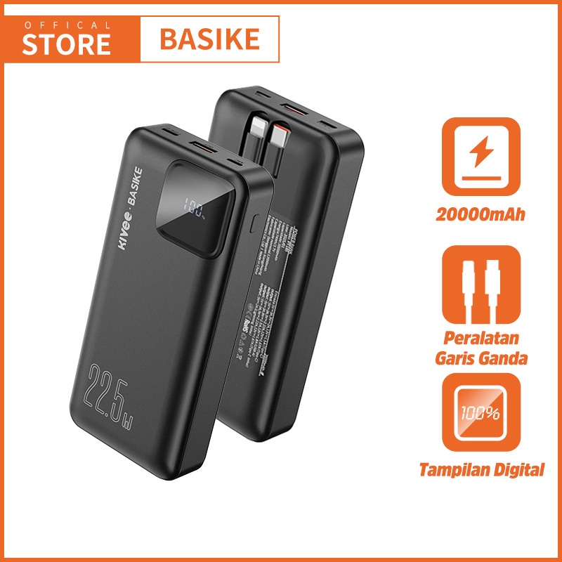 BASIKE Powerbank 20000 mah Fast Charging 22.5W 2 masukan 4 keluaran Murah Mini LCD with Kabel Data