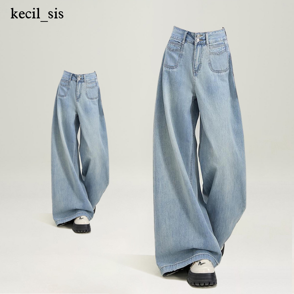 Highwaist Jeans Wanita Celana Kulot Denim Celana Panjang Wanita Celana Baggy Jeans OOTD