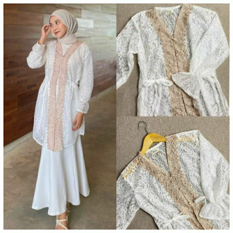 Tunik Brokat / Outer Tunik Lengan Panjang / Tunik Brukat Putih Premium Halus / Tunic Raya Kamari / A