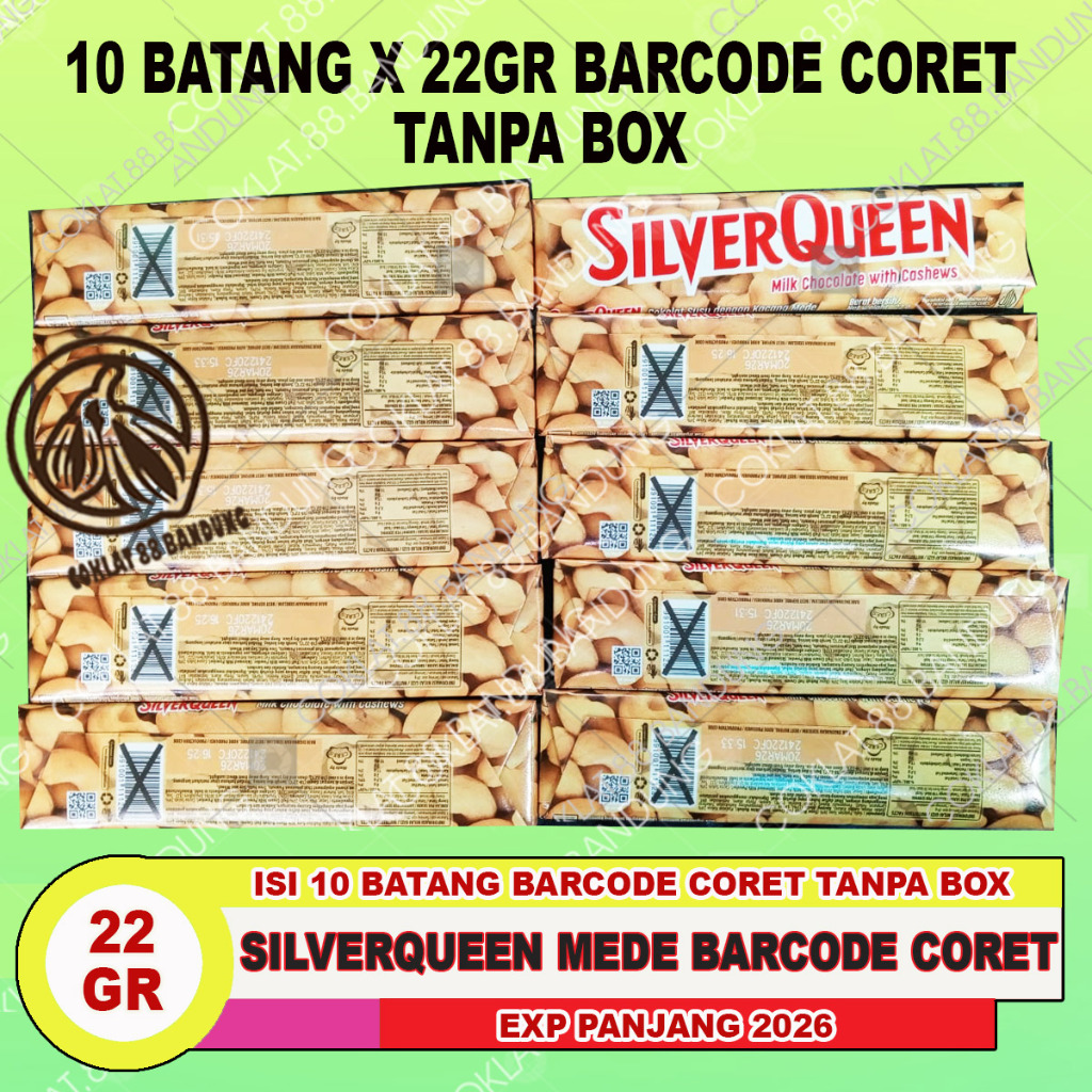 

SILVERQUEEN 22 GRAM 10 PCS TANPA BOX, COKLAT SILVERQUEEN 22 GR X 10 MEDE BARCODE CORET