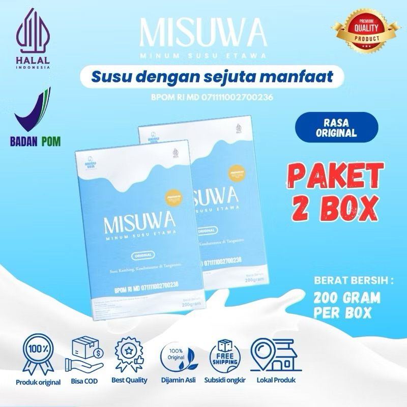 

MISUWA 2 BOX ORIGINAL - Susu Kambing Etawa | Susu Kesehatan | Susu untuk tulang sendi dan otot | Susu untuk permasalahan paru-paru dan pernapasan | Susu original | Susu Kambing rasa original