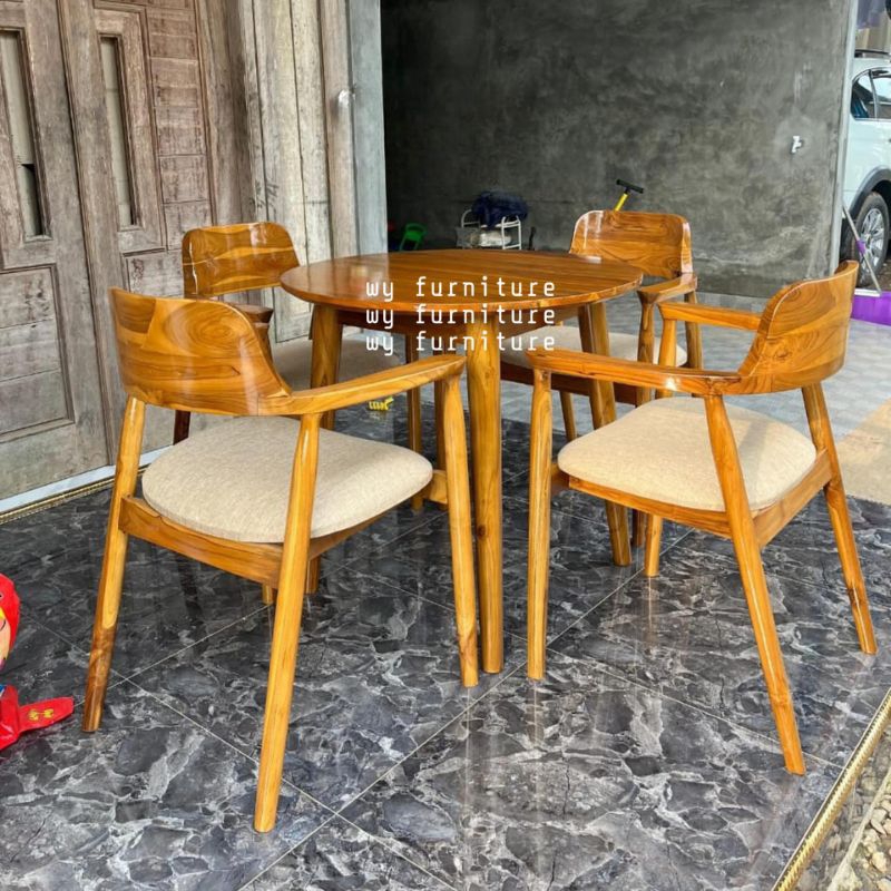 Set meja makan bulat kayu jati, meja makan bulat 4 kursi kayu jati, meja makan kayu jati