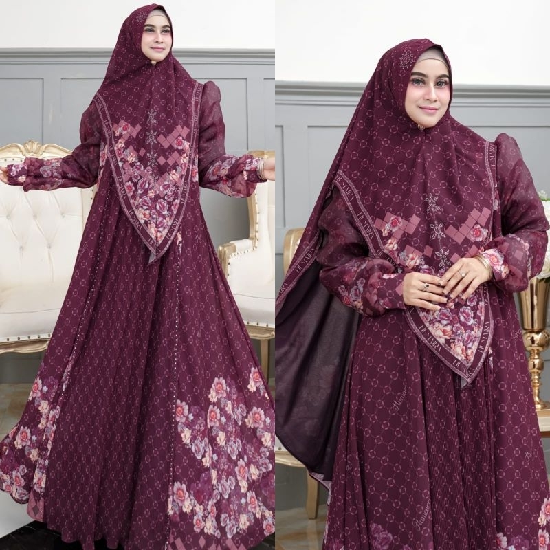 ZAVINA SERIES BY HUMAIRA SYARI GAMIS CERUTY MIX ORGANZA PRINTING SET HIJAB SCARF VOAL JILBAB  KHIMAR