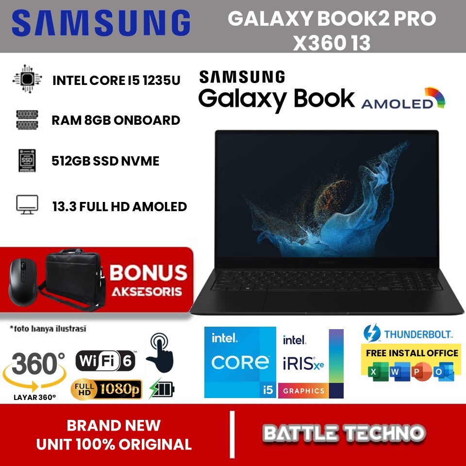 Laptop Samsung GALAXY Book2 360 2 Intel Core I5 1235U RAM 8GB 1TB SSD 13.3 FHD AMOLED Touch