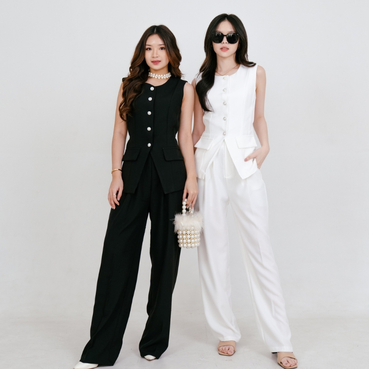 Heirluxjoy - Anneth Set Baju Wanita Vest Celana Panjang Semi Formal Black White
