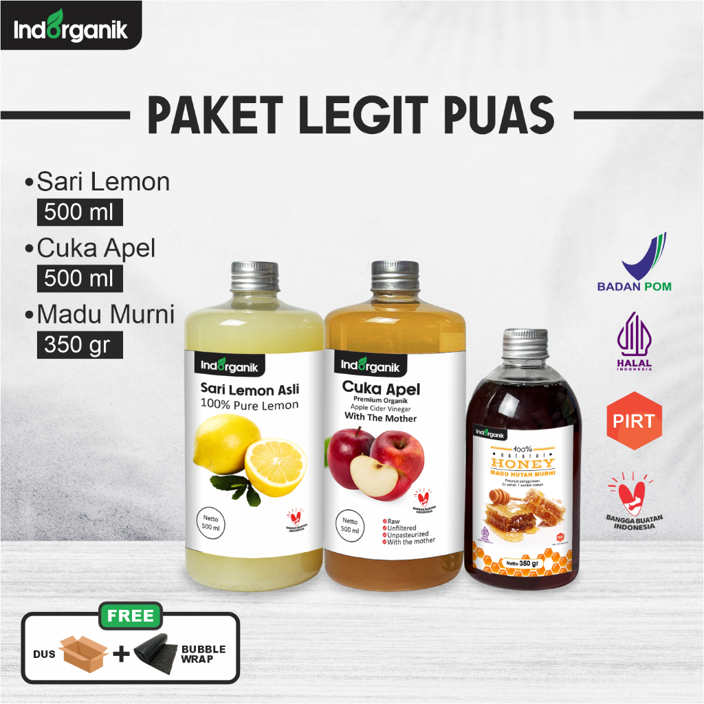

Indorganik Paket Diet 3in1 - Sari Lemon 500 ml Cuka Apel 500 ml Madu Murni 350 gr
