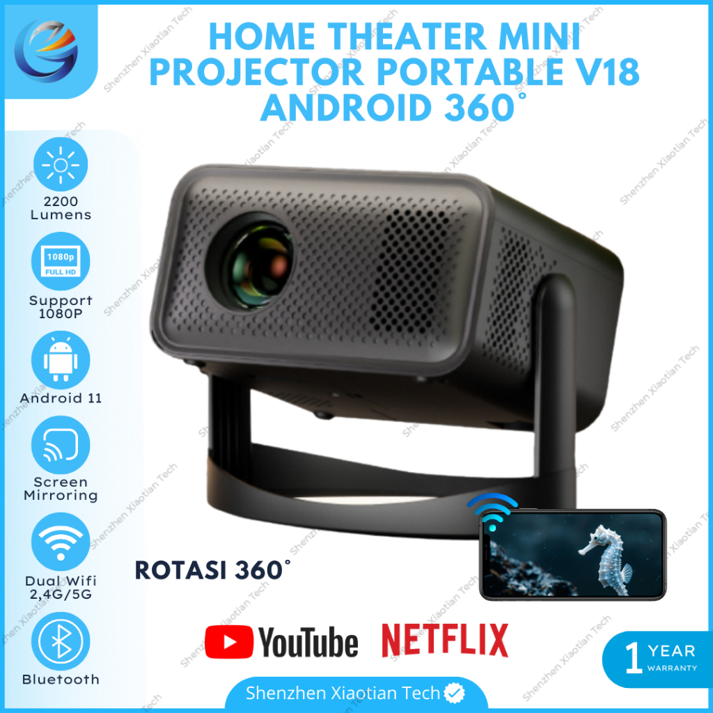 Smart Proyektor Mini V18 Android 11.0 Wifi 2200 Lumens 360° Rotating | Proyektor Mini Android 4K Ful