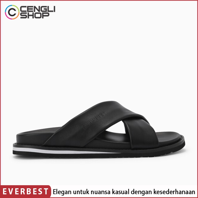 EM19 SANDAL SLIDE EVERBEST PRIA ORIGINAL KULIT CASUAL BRANDED HITAM