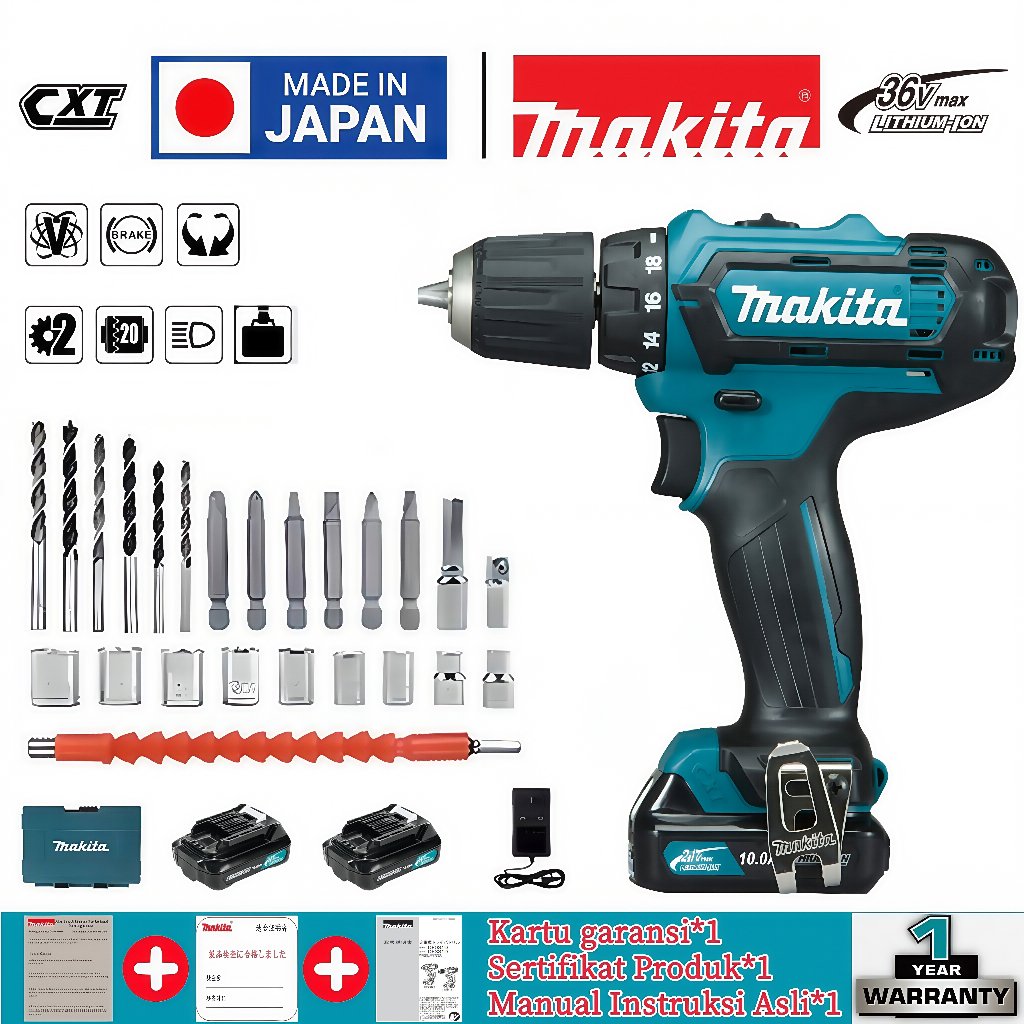 Makita DF333D 36V Bor Impact Nirkabel dari Jepang, daya tinggi baterai lithium, buku petunjuk origin