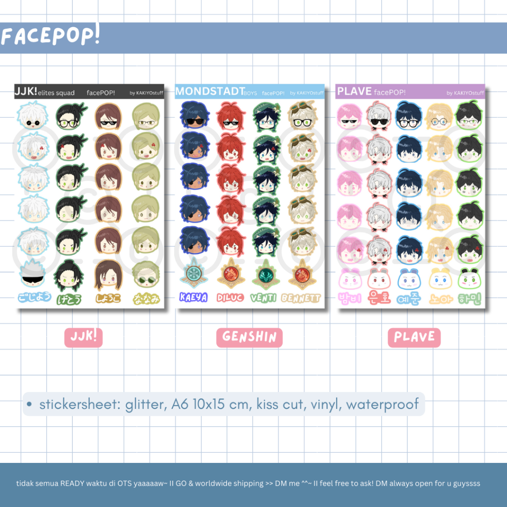 

[PO] FacePOP! Stickersheet Jujutsu Kaisen, Genshin, PLAVE