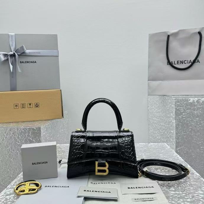 Balenciaga hourglass single shoulder handbag small crocodile black gold 92940
