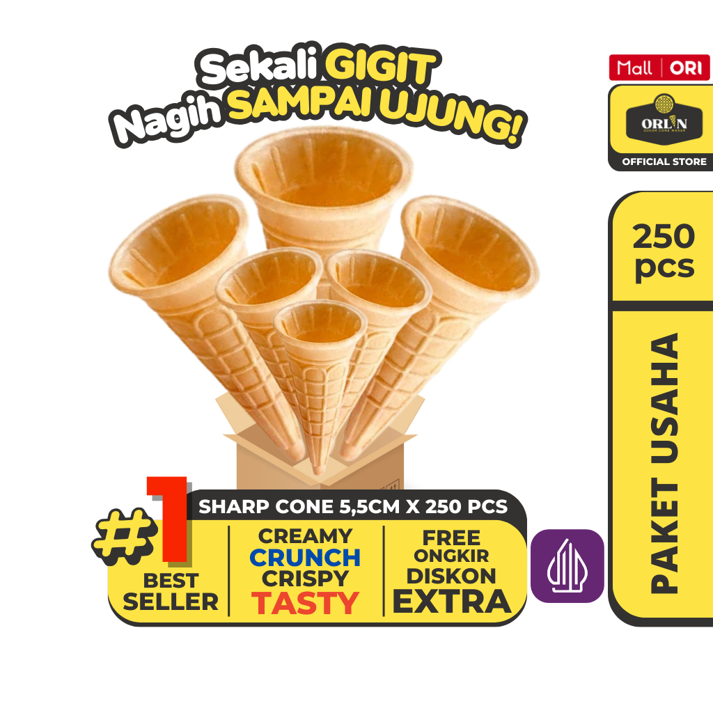 

ORLIN Paket Usaha Cup Cone Kerucut Crunchy 5,5cm x 13cm isi 250pcs Sekali Gigit, Nagih Sampai Ujung