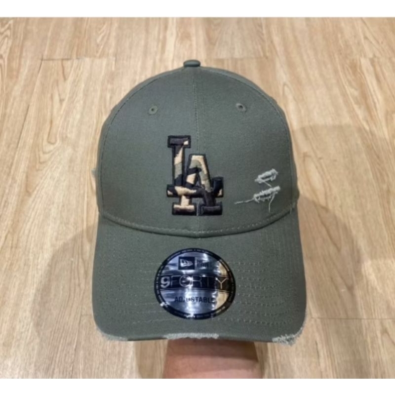 Topi New era original 940 Cotton damage LA Dodgers unisex army
