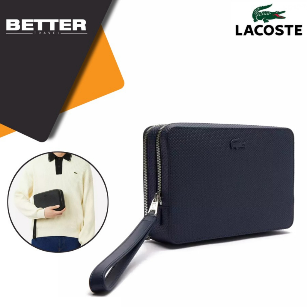 LACOSTE tas clutch pria hand bag casual leather pique zip pouch