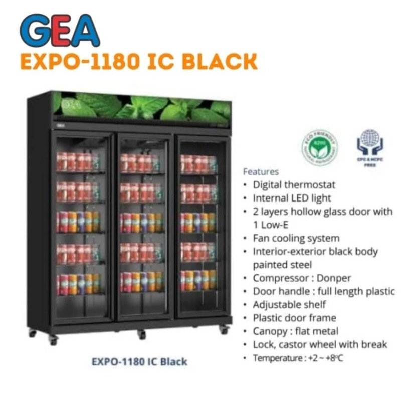 SHOWCASE GEA 3 PINTU EXPO-1180IC DISPLAY COOLER BLACK LOW-E GLASS