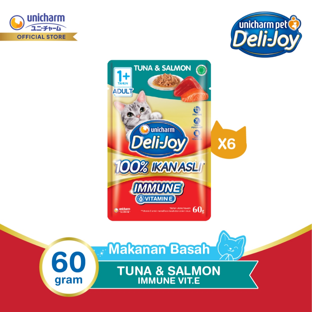 Deli-Joy Makanan Kucing Basah Pouch Adult Tuna & Salmon 60g - Immune (Vitamin E) - 6 Packs