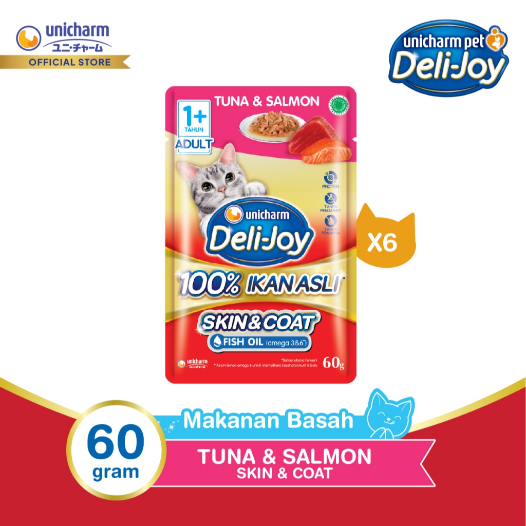 Deli-Joy Makanan Kucing Basah Pouch Adult Tuna & Salmon 60g - Skin & Coat (Fish Oil) - 6 Packs