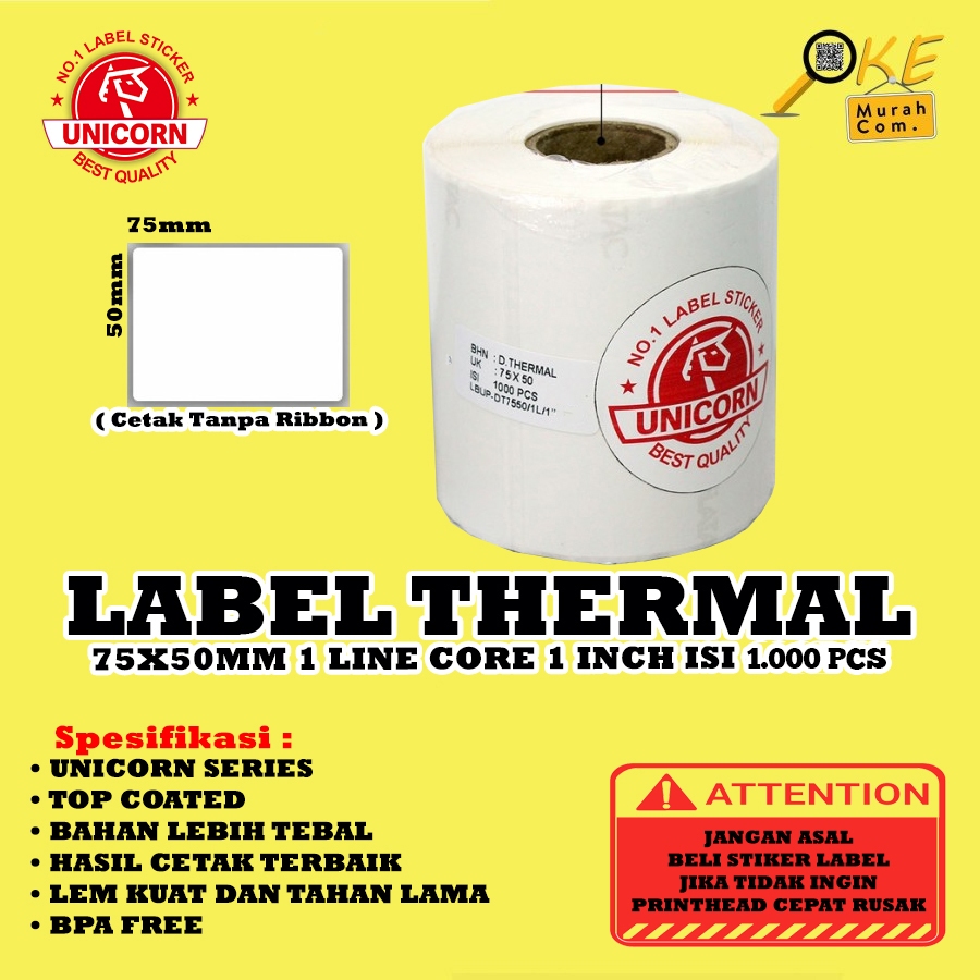 

Stiker Label Barcode Thermal 75x50 mm / 75 x 50 mm / 75x50mm 1 Line Core 1 Inch Isi 1.000pcs