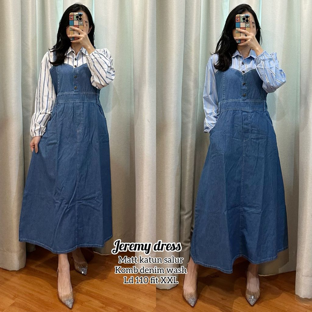JEREMYY MAXY DRESS BAHAN JEANS KOMBINASI KATUN SALUR PREMIUM