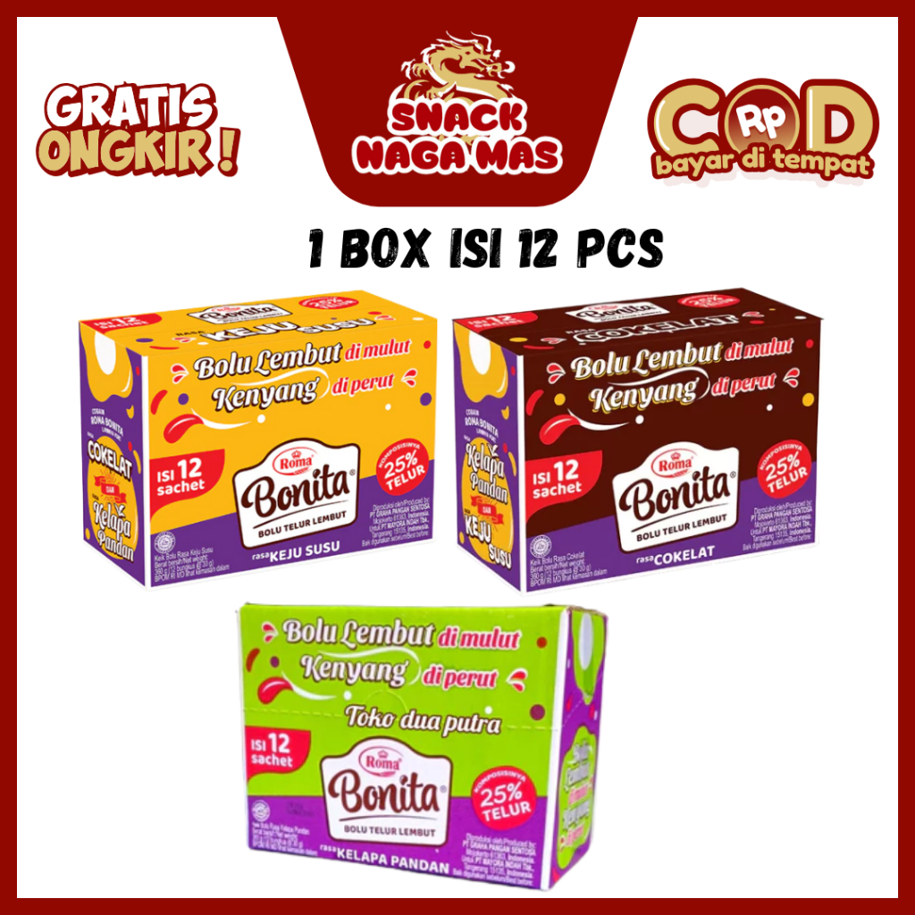 

ROMA BONITA BOLU TELUR ALL VARIAN COKLAT/KEJU/PANDAN[1 BOX ISI 12 PCS]