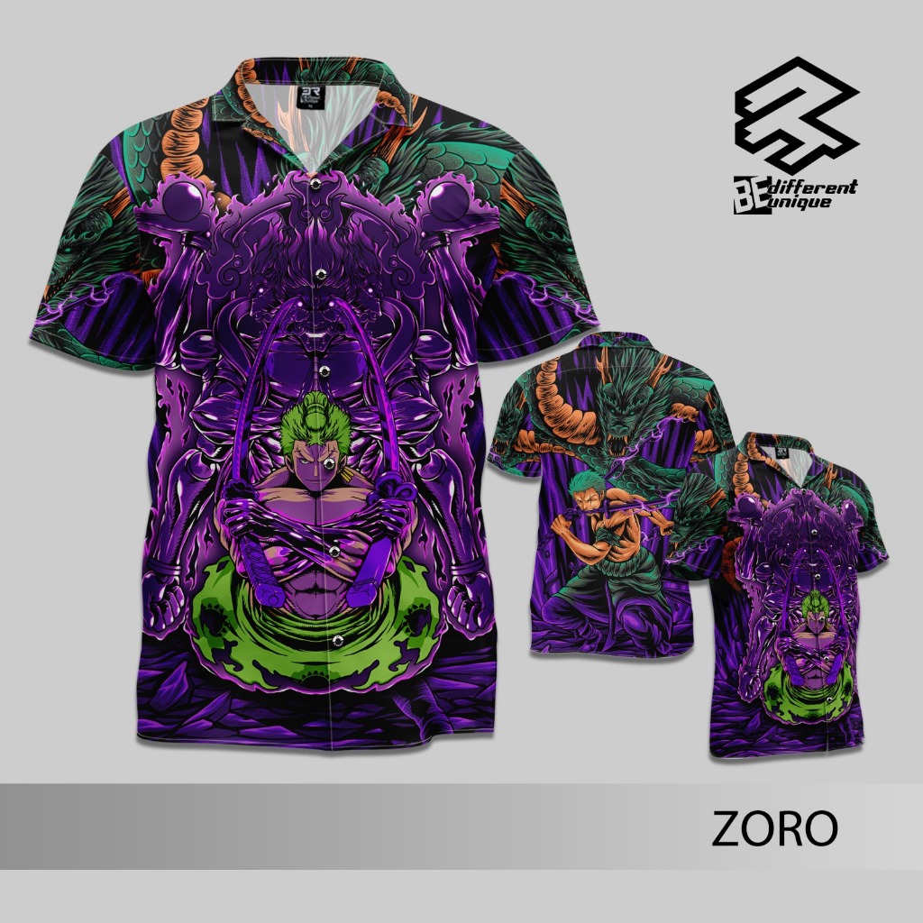 Kemeja Casual Cuban Collar Pria Wanita Dewasa Anak FullPrint 3R Anime One Piece Roronoa Zoro